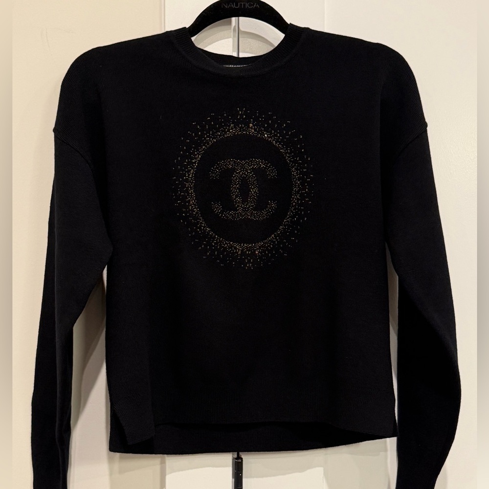CHANEL Uniform Black Cotton Sweater W Gold Metallic CC Logo Size S designer NEW - Picture 12 of 13